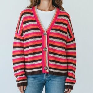 Lisa Todd Womens Neon Striped Pop‎ Cardi Cardigan Sweater Medium